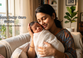 South Asian mother gently holding her sleeping newborn baby at home.
