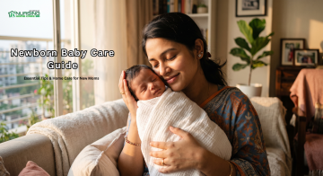 South Asian mother gently holding her sleeping newborn baby at home.