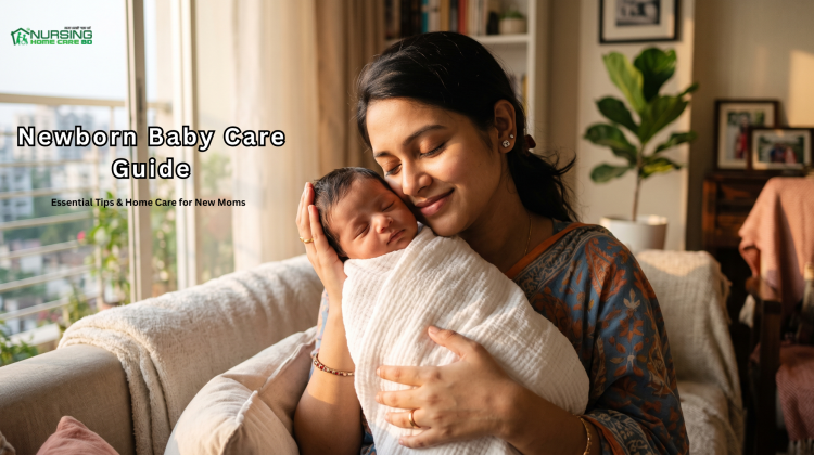 South Asian mother gently holding her sleeping newborn baby at home.