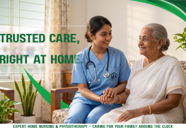 Professional home nurse providing compassionate elderly care to a senior woman at home in Bangladesh