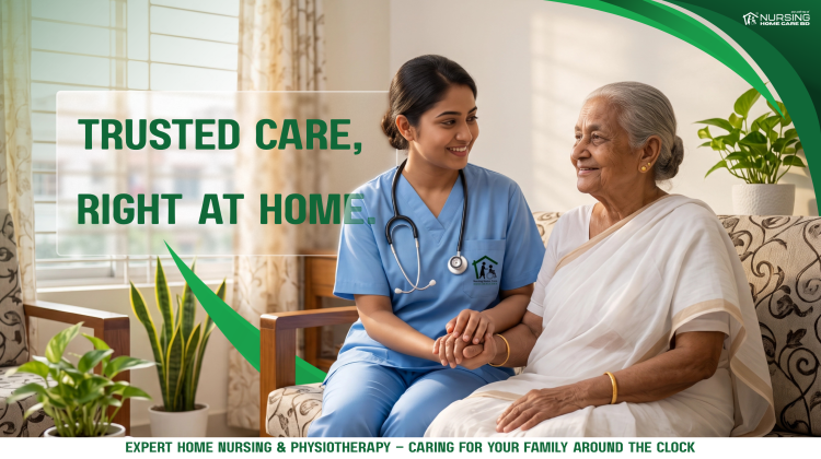 Professional home nurse providing compassionate elderly care to a senior woman at home in Bangladesh