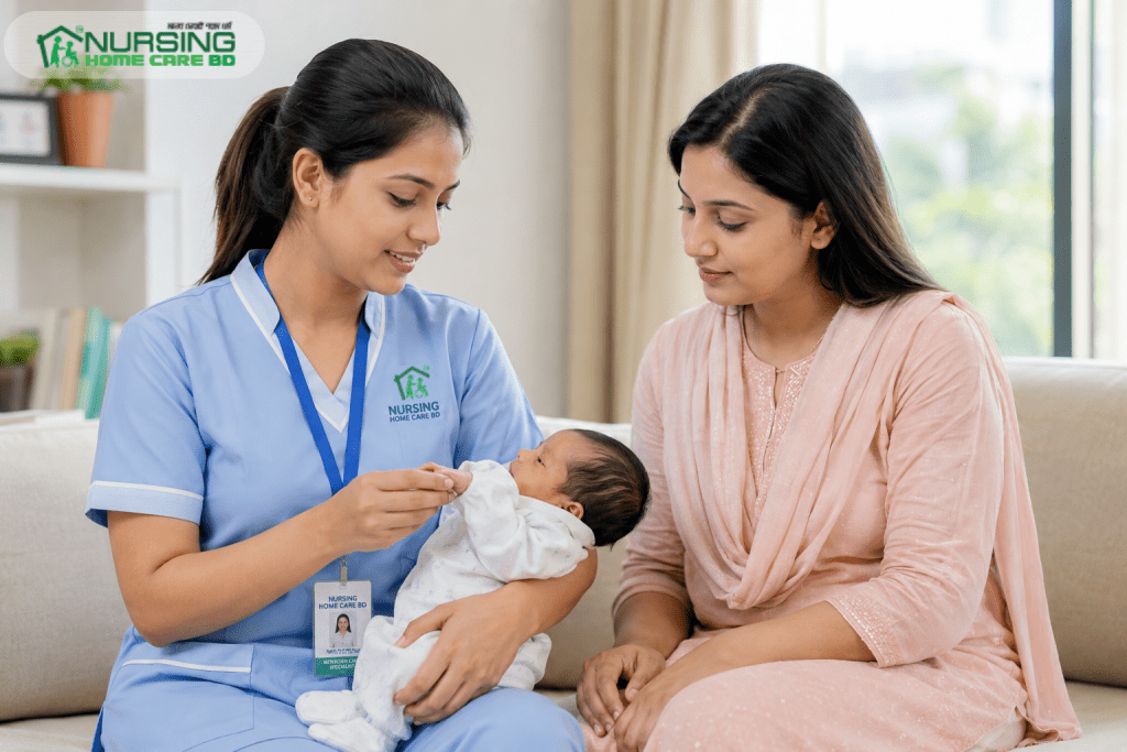 Professional female newborn care specialist assisting a new mother with her baby in Dhaka.