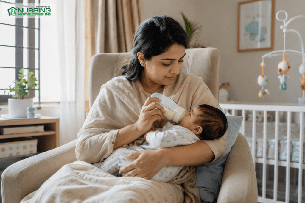 Mother calmly feeding her newborn baby in a sunlit nursery.